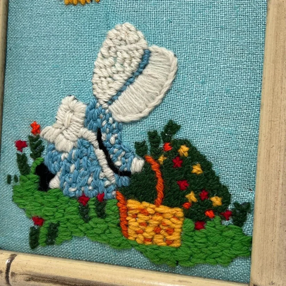 Framed Completed Crewel Holly Hobbie 1970's Girl with‎ Basket in Garden Sunshine